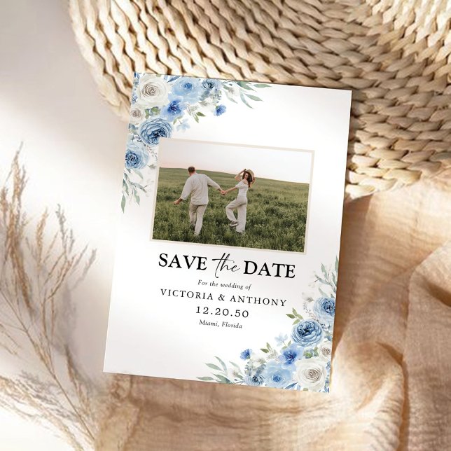 Dusty Blue Ivory Save The Date with Photo Card (Creator Uploaded)