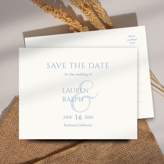 Dusty Blue & Ivory Script Wedding Save The Date  Announcement Postcard (Creator Uploaded)