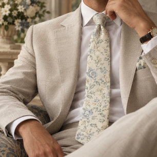 Dusty Blue Ivory Vintage Floral Tie