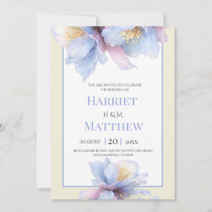 Dusty Blue Ivory Watercolor Floral Wedding  Invitation