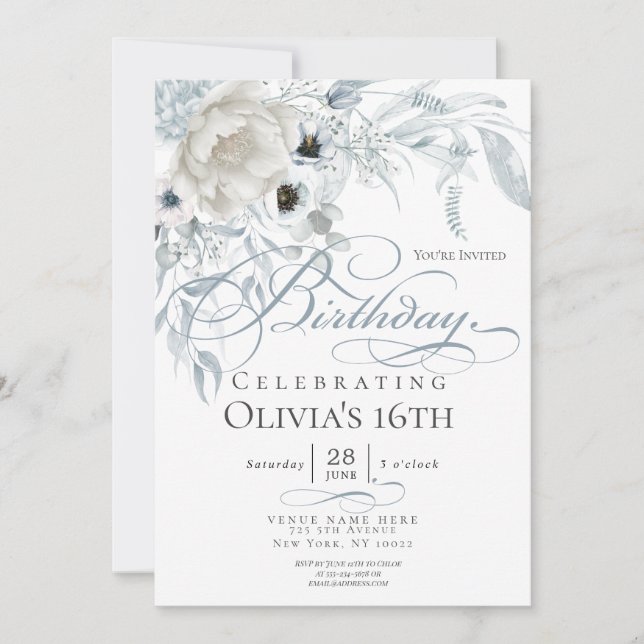Dusty Blue Ivory Watercolor Peonies Birthday Invitation (Front)