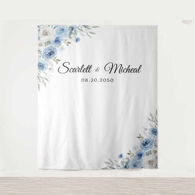 Dusty Blue Ivory Wedding Ceremony Backdrop Tapestry (Front)
