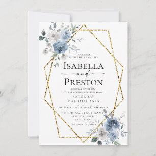 Dusty Blue Ivory White Gold Floral Wedding Invitat Invitation