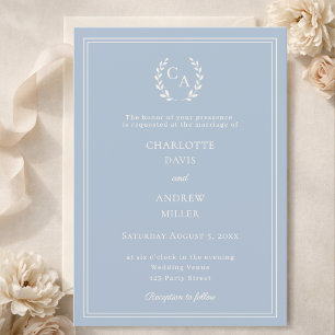 Dusty blue ivory wreath monogram simple wedding  invitation