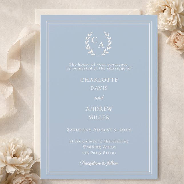 Dusty blue ivory wreath monogram simple wedding  invitation (Creator Uploaded)