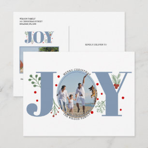 Dusty blue Joy, berries Christmas holiday photo Postcard