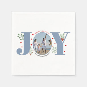 Dusty blue Joy, berries Christmas photo Holiday Napkin