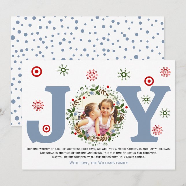 Dusty blue Joy, Christmas floral wreath photo Holiday Card (Front/Back)