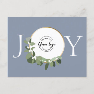 Dusty blue Joy Modern Green Eucalyptus wreath logo Holiday Postcard