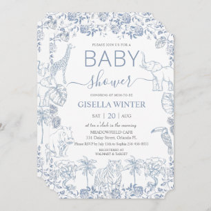 Dusty Blue Jungle Animals Toile Baby Shower  Invitation