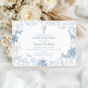 Dusty Blue Jungle Safari Animals Baby Shower Invitation