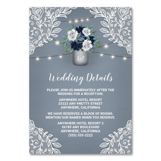Dusty Blue Lace Mason Jar Wedding Enclosure Cards (Front)