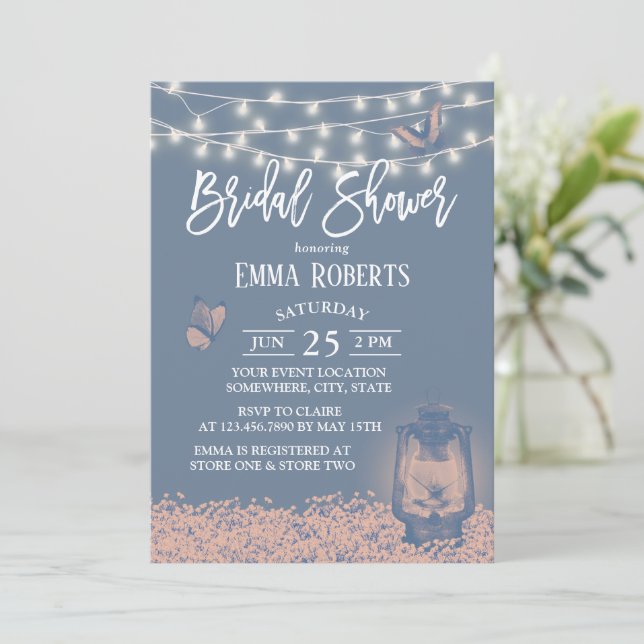 Dusty Blue Lantern & Baby's Breath Bridal Shower Invitation (Standing Front)