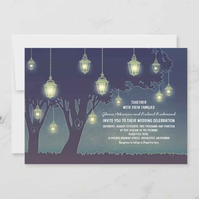 Dusty Blue Lantern Lights Tree Wedding Invitation (Front)
