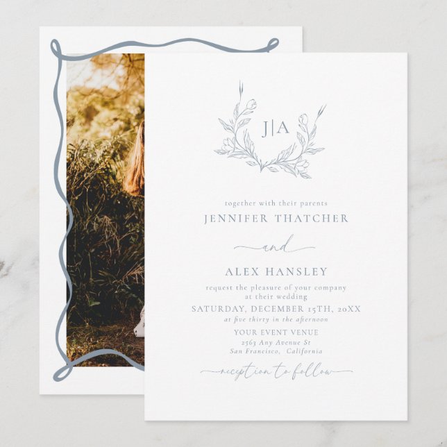 Dusty Blue Leaf Botanical Monogram Photo Wedding Invitation (Front/Back)