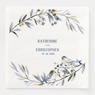 Dusty Blue Leaf Branch Berries & Birds Wedding Napkin