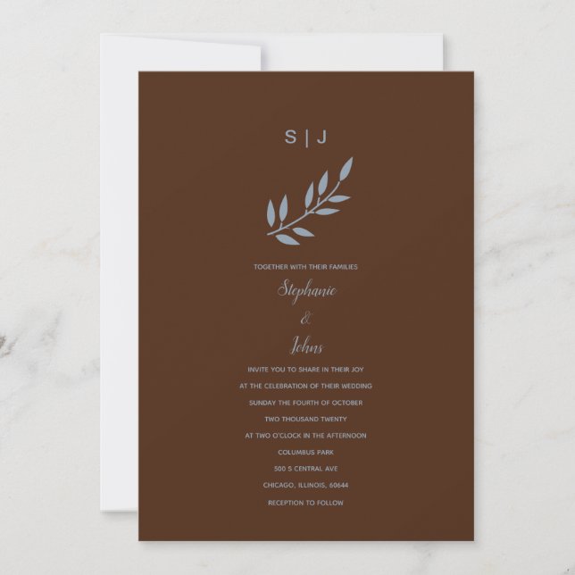 Dusty Blue Leaf Monogram Terracotta Wedding 2024 Invitation (Front)