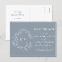 Dusty Blue Leafy Crest Monogram Delay The Date