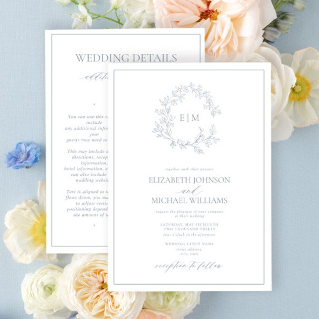 Dusty Blue Leafy Crest Monogram Details Wedding Invitation (Creator Uploaded)