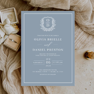 Dusty Blue Leafy Crest Monogram Elegant Wedding Invitation