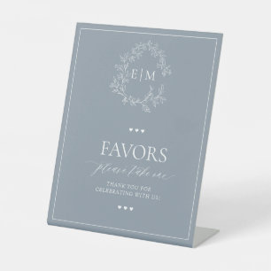 Dusty Blue Leafy Crest Monogram Favours Pedestal Sign