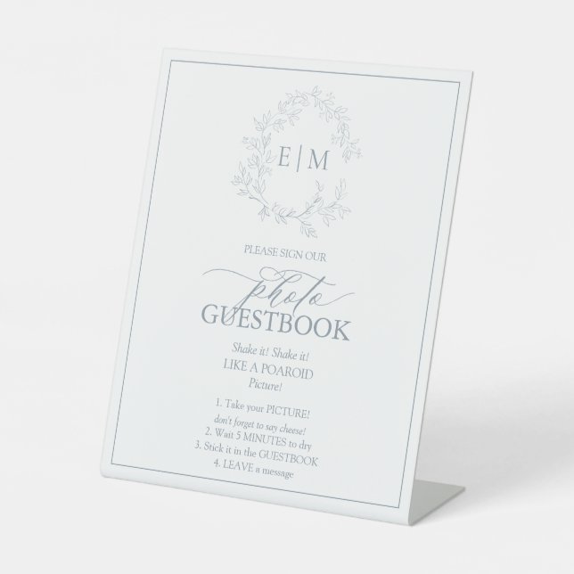 Dusty Blue Leafy Crest Monogram Photo Guestbook Pedestal Sign (Front)