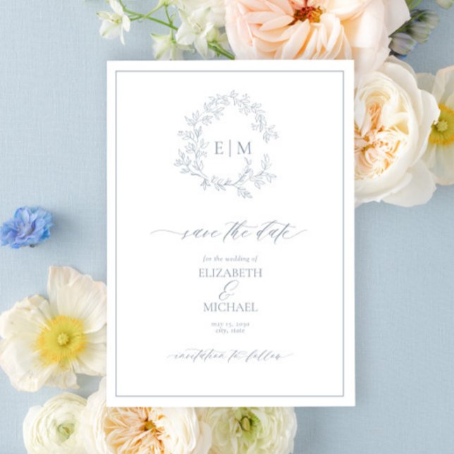 Dusty Blue Leafy Crest Monogram Save the Date Invitation (Creator Uploaded)
