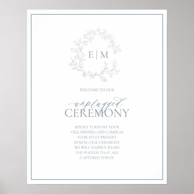Dusty Blue Leafy Crest Monogram Unplugged Wedding Poster (Front)