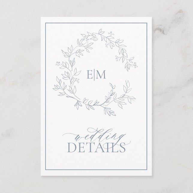 Dusty Blue Leafy Crest Monogram Wedding Details Enclosure Card (Front)