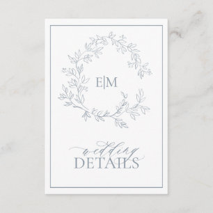 Dusty Blue Leafy Crest Monogram Wedding Details Enclosure Card