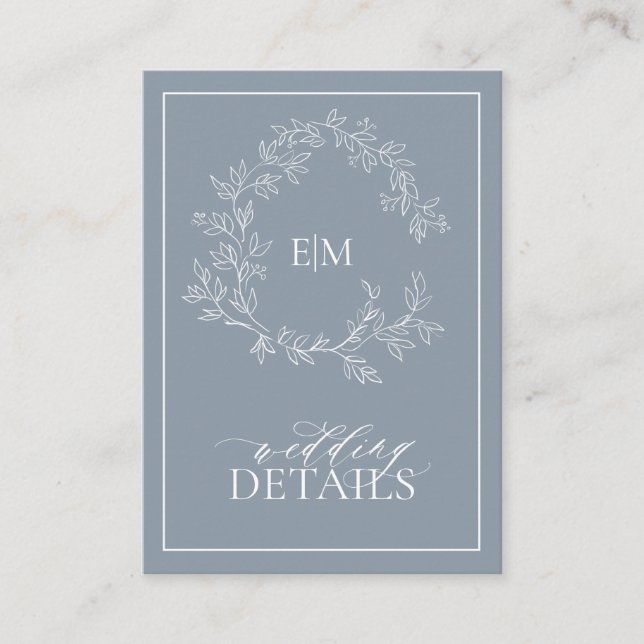 Dusty Blue Leafy Crest Monogram Wedding Details Enclosure Card (Front)