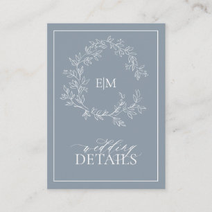 Dusty Blue Leafy Crest Monogram Wedding Details Enclosure Card