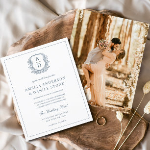 Dusty Blue Leafy Crest Monogram Wedding Elegant Flyer
