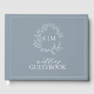 Dusty Blue Leafy Crest Monogram Wedding Guest Book