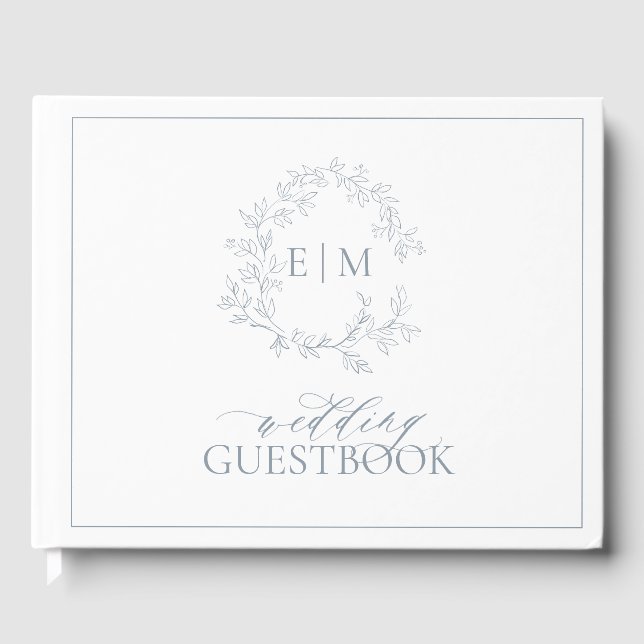Dusty Blue Leafy Crest Monogram Wedding Guest Book (Front)