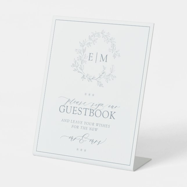 Dusty Blue Leafy Crest Monogram Wedding Guestbook Pedestal Sign (Front)