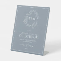 Dusty Blue Leafy Crest Monogram Wedding Guestbook
