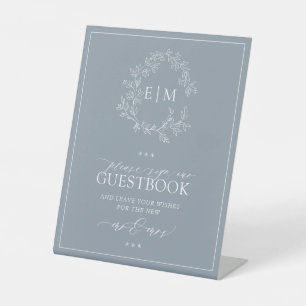 Dusty Blue Leafy Crest Monogram Wedding Guestbook Pedestal Sign