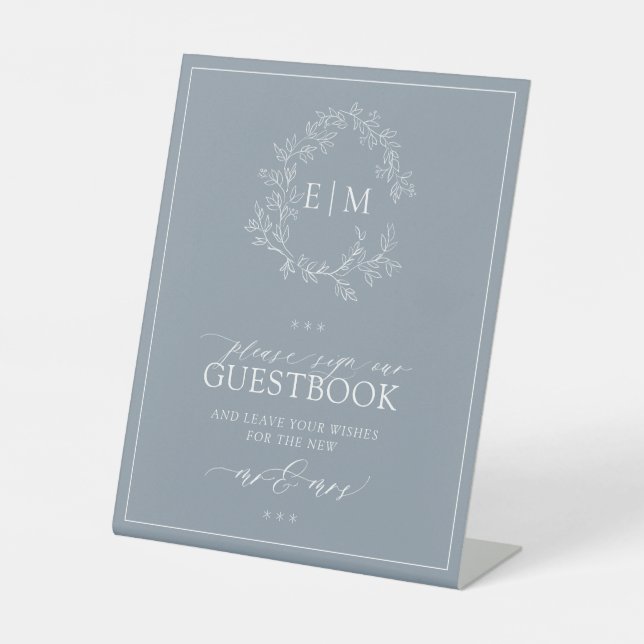 Dusty Blue Leafy Crest Monogram Wedding Guestbook Pedestal Sign (Front)