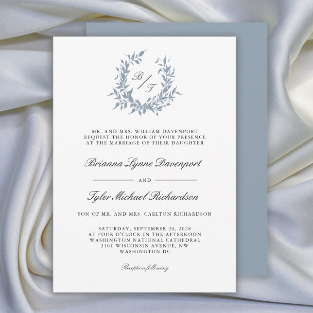 Dusty Blue Leafy Crest Monogram Wedding Invitation (Available as both printed and paperless digital download!)
