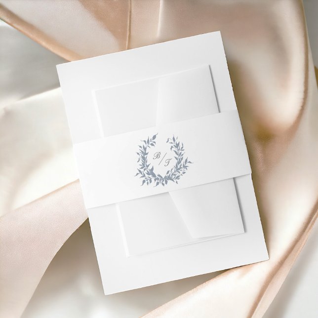 Dusty Blue Leafy Crest Monogram Wedding Logo Invitation Belly Band (Creator Uploaded)