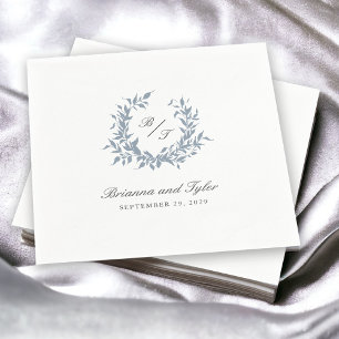 Dusty Blue Leafy Crest Monogram Wedding Logo Napkin