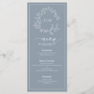 Dusty Blue Leafy Crest Monogram Wedding Menu
