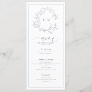 Dusty Blue Leafy Crest Monogram Wedding Menu