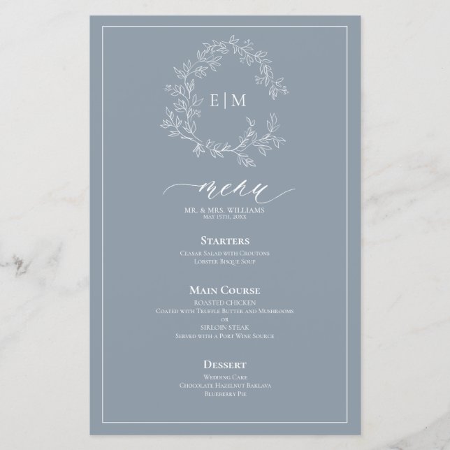 Dusty Blue Leafy Crest Monogram Wedding Menu (Front)
