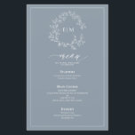 Dusty Blue Leafy Crest Monogram Wedding Menu<br><div class="desc">Create the perfect reception setting! We're loving this trendy, modern dusty blue 5.5"x 8.5" wedding menu! Simple, elegant, and oh-so-pretty, it features a hand drawn leafy wreath encircling a modern wedding monogram. It is personalised in elegant typography, and accented with hand-lettered calligraphy. Finally, it is trimmed in a delicate frame....</div>
