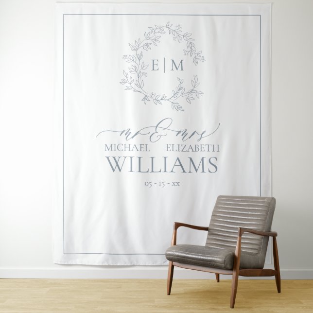 Dusty Blue Leafy Crest Monogram Wedding Photo Tapestry (In Situ)