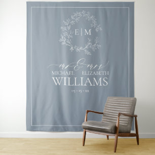 Dusty Blue Leafy Crest Monogram Wedding Photo Tapestry