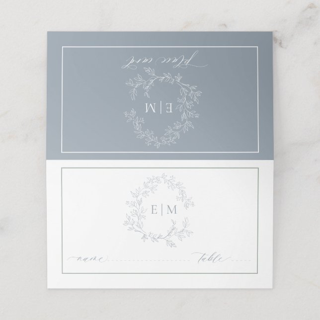 Dusty Blue Leafy Crest Monogram Wedding Place Card (Outside Unfolded)