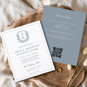 Dusty Blue Leafy Crest Monogram Wedding QR Code Flyer